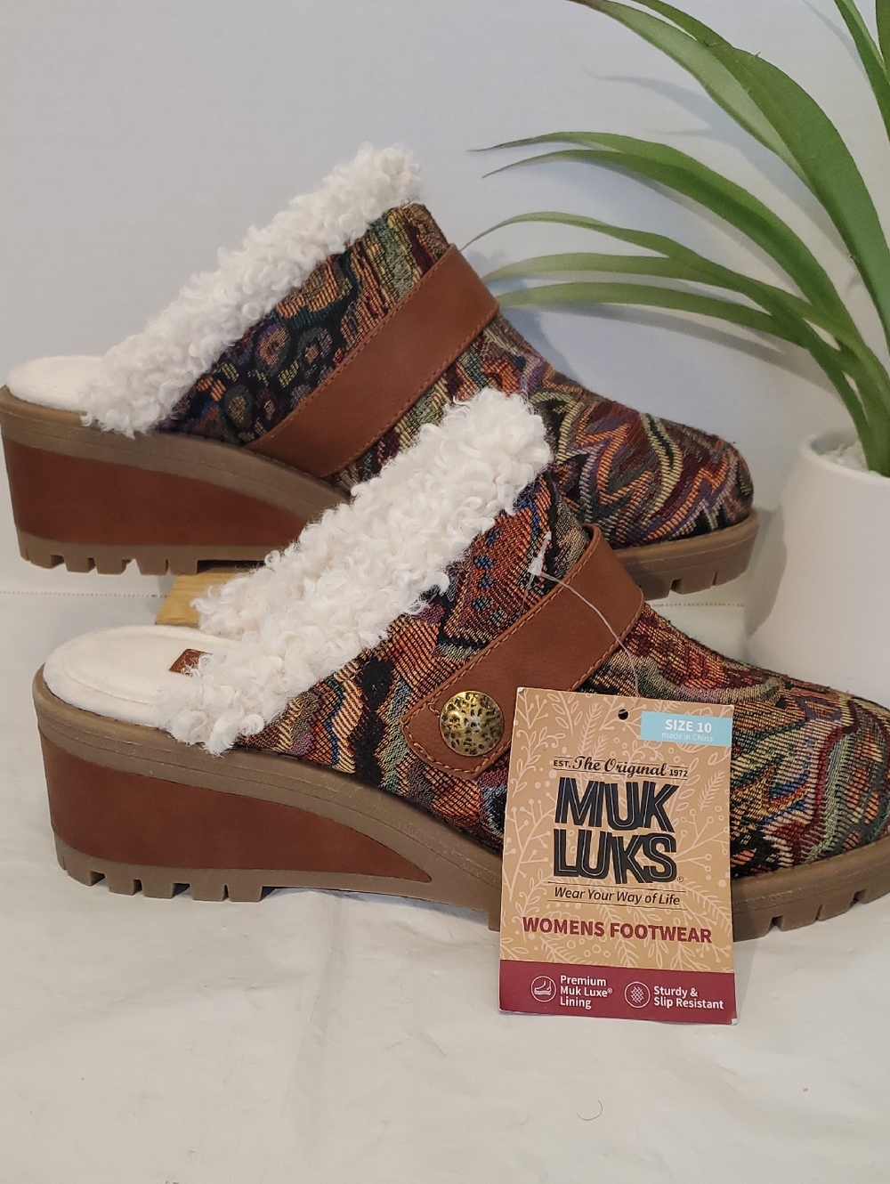 Muk Luks Multicolor Patterned Clog Mule with Tan Trim
